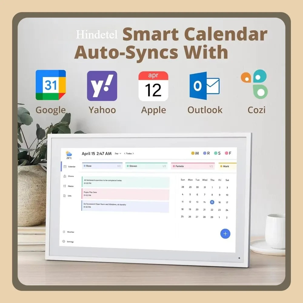 Hindetel 10” Smart Digital Calendar & Photo Frame – Touchscreen Family Planner with Auto-Sync for Google & Apple Calendars