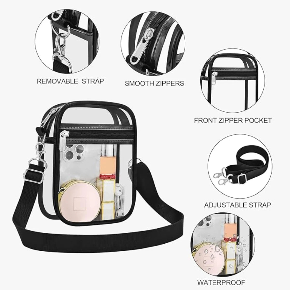 Clear Stadium Approved Crossbody Bag – Waterproof Transparent PVC Purse for Women, Concerts & Sporting Events